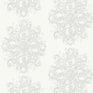 Closeup of a wallpaper showing its Contemporary, Damask, Floral, Monochrome, Two-tone pattern, color, and texture.