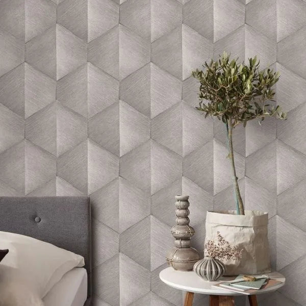 Closeup of a wallpaper showing its Contemporary, Geometric, Monochrome, Silver pattern, color, and subtle texture.