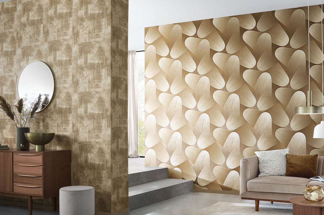 Living room with textured wallpaper and modern decor