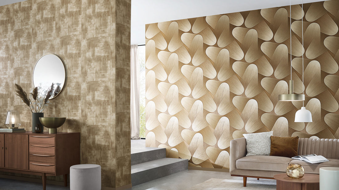 Close-up of a metallic wallpaper with abstract oval shapes.