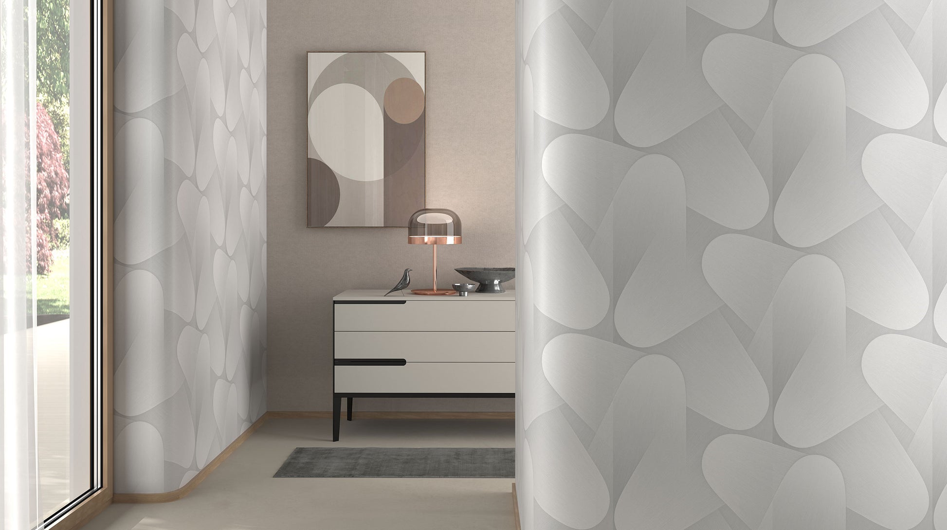 Modern bathroom interior with abstract wallpaper.