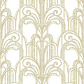 Closeup of a wallpaper showing its Art-Deco, Damask, Gold, Two-tone, White pattern, color, and subtle texture.