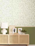 Wallpaper installed in a room showing its full pattern, color