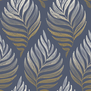 Closeup of a wallpaper showing its Blue, Contemporary, Floral, Gold, Nature pattern, color, and subtle texture.