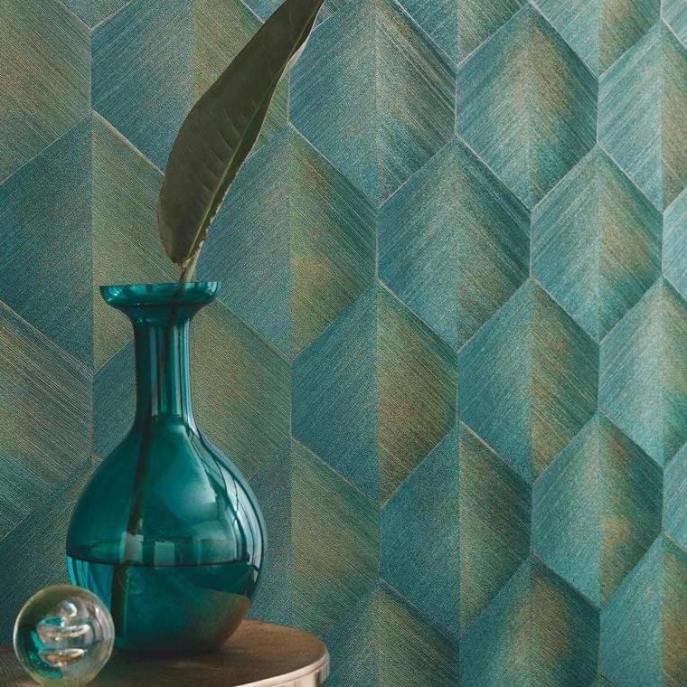Closeup of a wallpaper showing its Contemporary, Geometric, Green pattern, color, and subtle texture.
