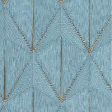 Blue geometric patterned wallpaper with gold accents