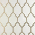 Closeup of a wallpaper showing its Contemporary, Geometric, Metallic, Neutrals, Trellis, Two-tone pattern, color, and subtle texture.