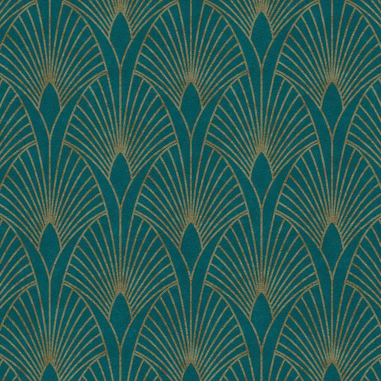Closeup of a wallpaper showing its Art-Deco, Blue, Gold, Two-tone pattern, color, and texture.