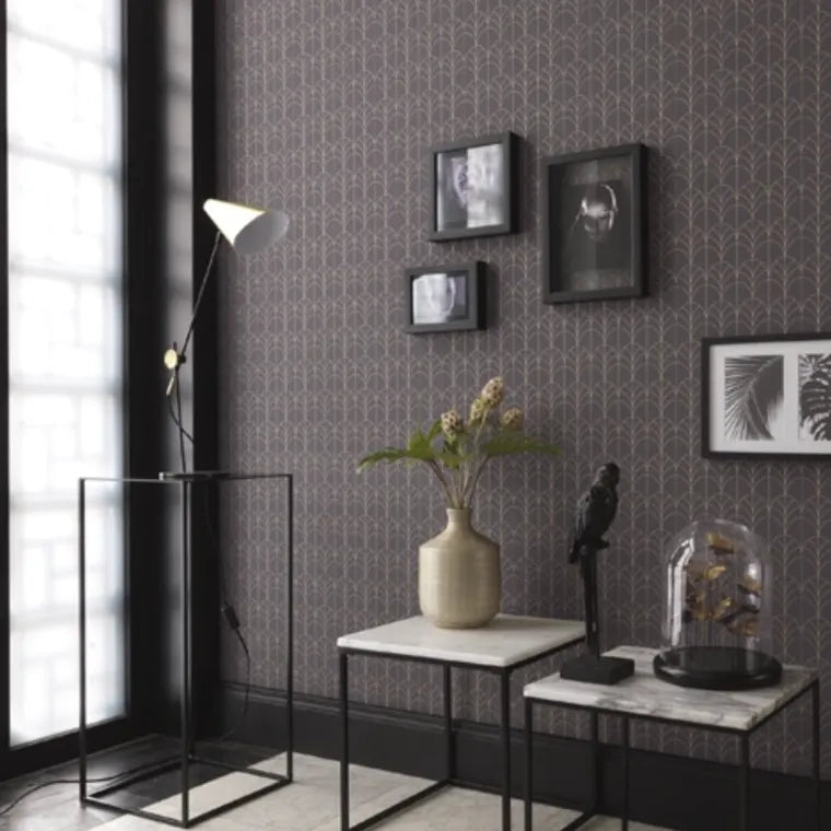 Closeup of a wallpaper showing its Art-Deco, Contemporary, Two-tone pattern, color, and subtle texture.