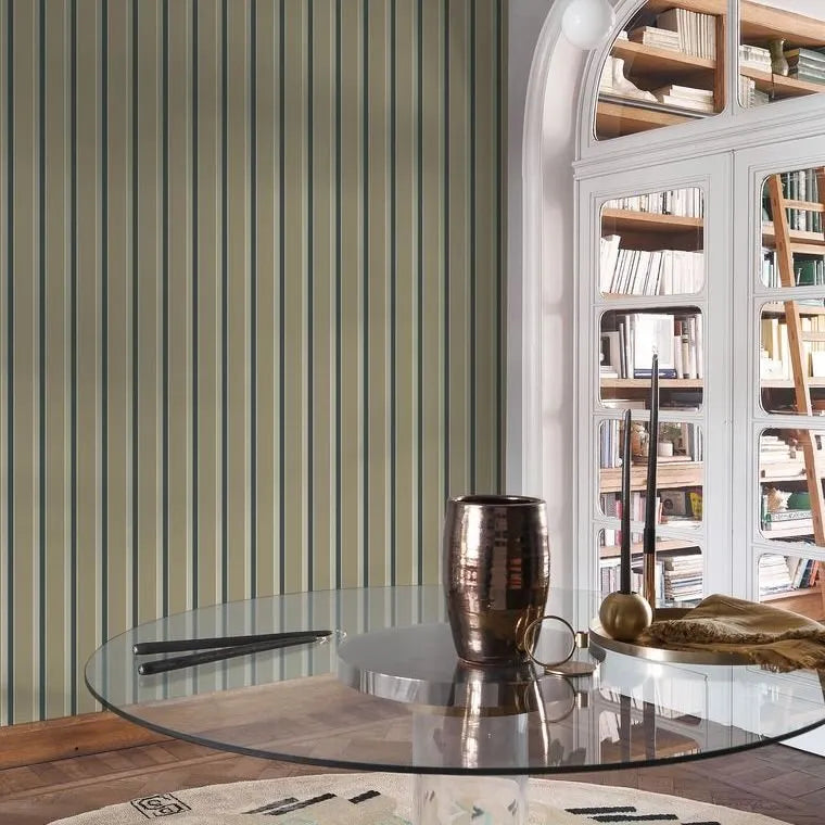 Closeup of a wallpaper showing its Contemporary, Stripes, Two-tone pattern, color, and subtle texture.