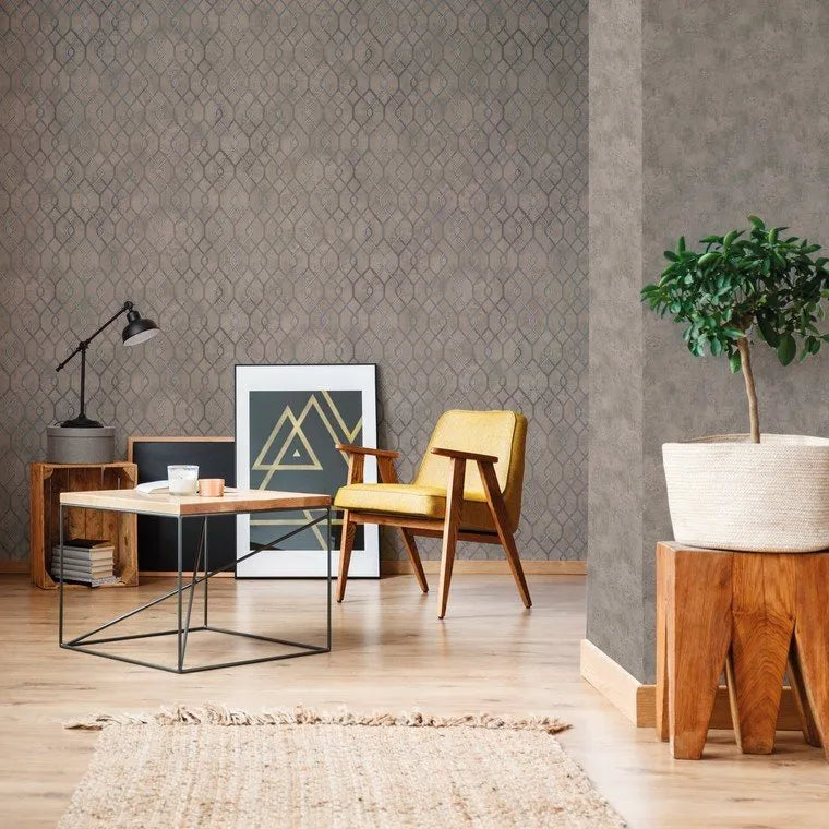 Closeup of a wallpaper showing its Contemporary, Geometric, Green, Grey, Plain, Trellis pattern, color, and texture.