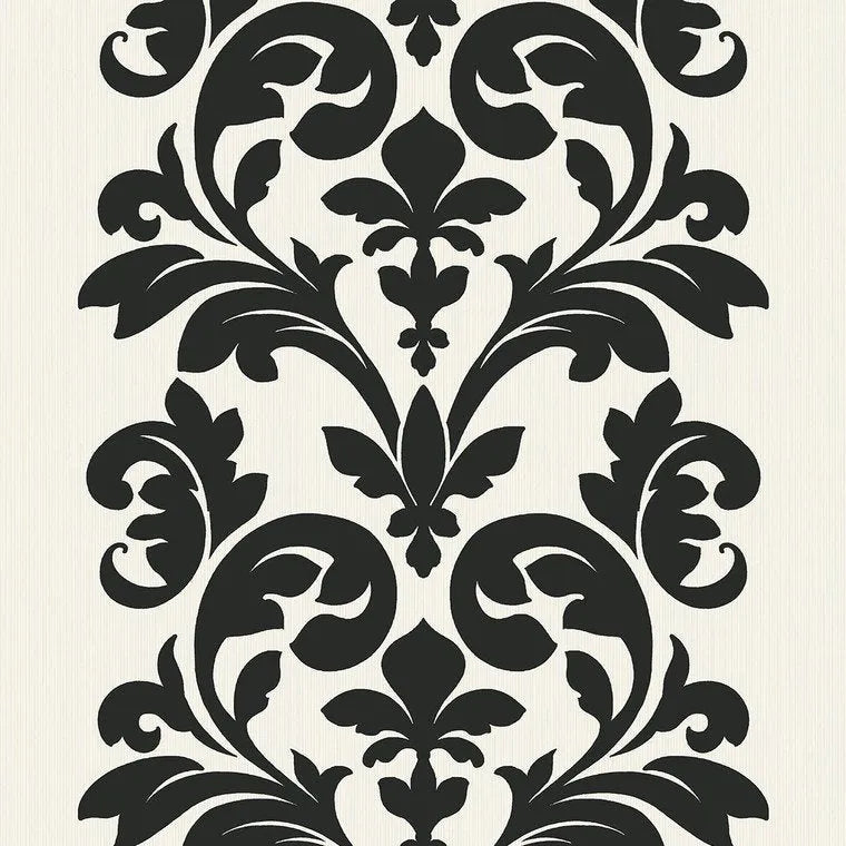 Closeup of a wallpaper showing its Damask, Monochrome, Two-tone pattern, color, and subtle texture.