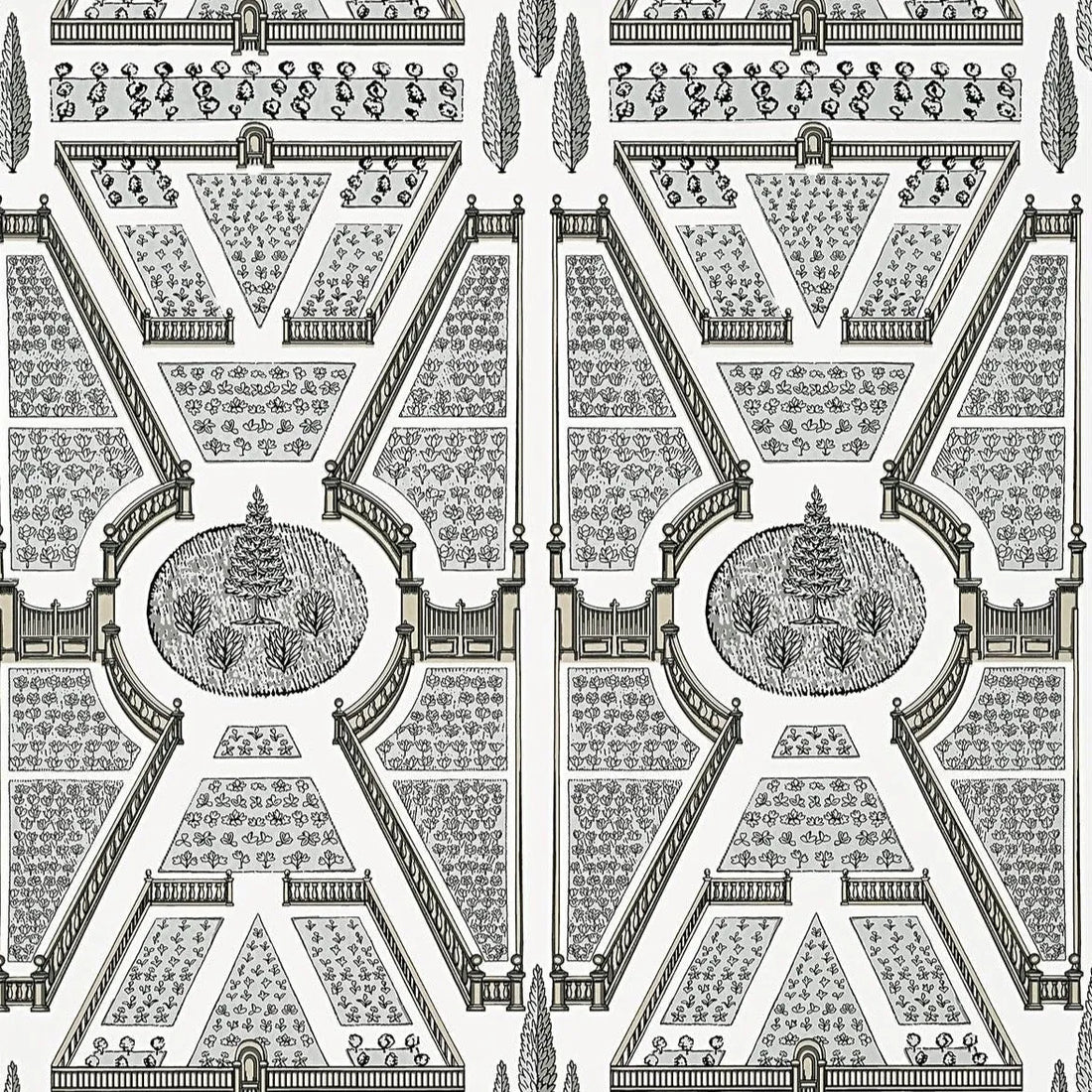 Closeup of a wallpaper showing its Chinoisserie, Contemporary, Geometric, Monochrome, Two-tone pattern, color, and subtle texture.