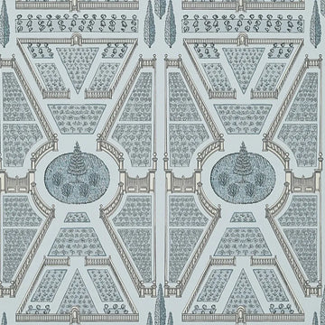 Closeup of a wallpaper showing its Chinoisserie, Contemporary, Geometric, Two-tone pattern, color, and subtle texture.