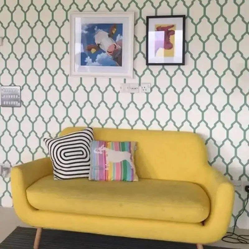 Closeup of a wallpaper showing its Blue, Contemporary, Geometric, Trellis, Two-tone pattern, color, and subtle texture.