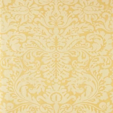Closeup of a wallpaper showing its Damask, Gold, Yellow pattern, color, and subtle texture.