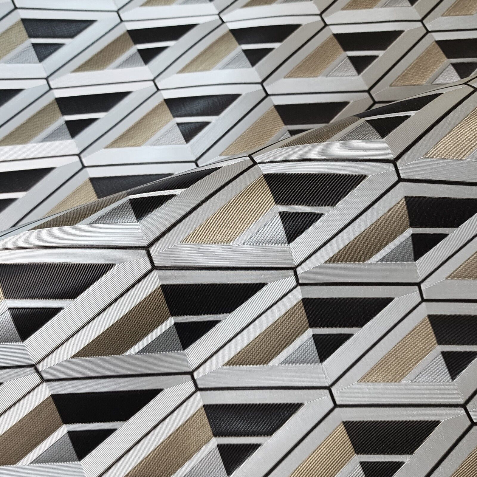 Geometric patterned wallpaper with diamond in black, beige, and gray.