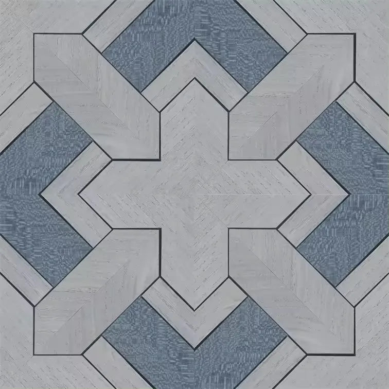 Closeup of a wallpaper showing its Blue, Geometric, Monochrome, Wood-veneer pattern, color, and subtle texture.