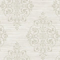 Closeup of a wallpaper showing its Damask, Neutrals, Vinyl pattern, color, and subtle texture.