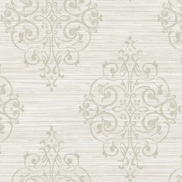 Closeup of a wallpaper showing its Damask, Neutrals, Vinyl pattern, color, and subtle texture.