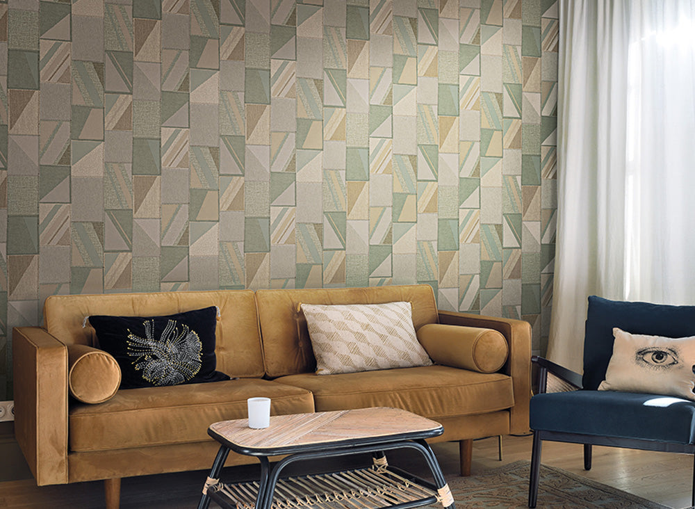 Patterned fabric swatch with green and beige tones