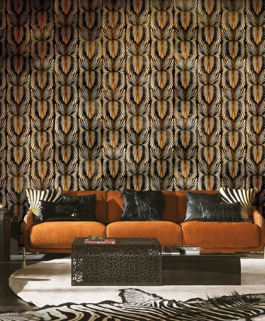 Closeup of a wallpaper showing its Art-Deco, Gold, Luxury, Textures, Vinyl pattern, color, and subtle texture.