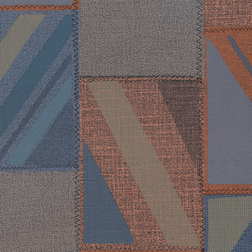 Textured fabric swatch with geometric pattern in brown, blue, and gray.