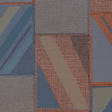 Textured fabric swatch with geometric pattern in brown, blue, and gray.