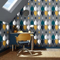 Wallpaper installed in a room showing its full pattern, color