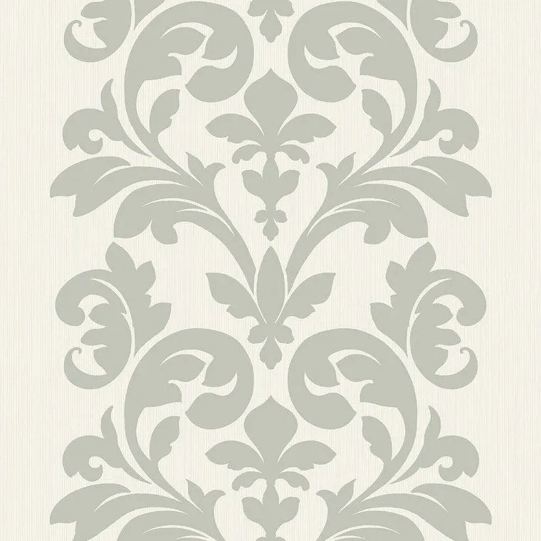 Closeup of a wallpaper showing its Damask, Neutrals, Two-tone pattern, color, and subtle texture.