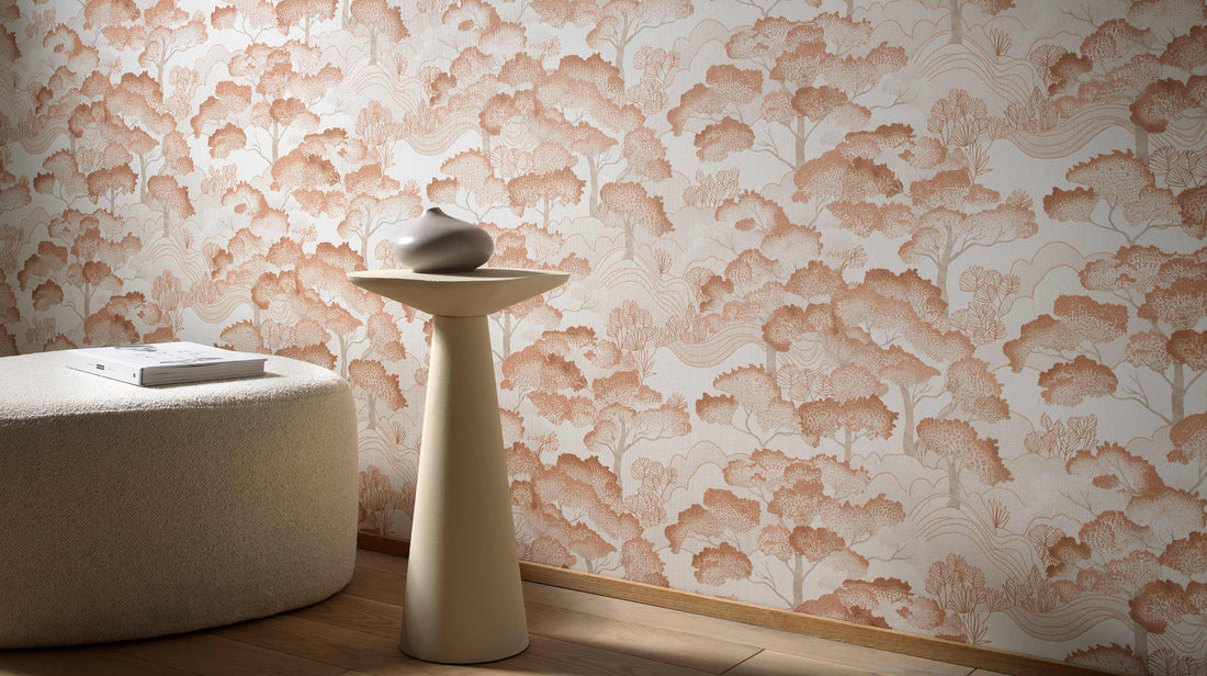 Erismann Elle Decoration 4 scenic wallpaper with stylized trees in beige and soft gold tones