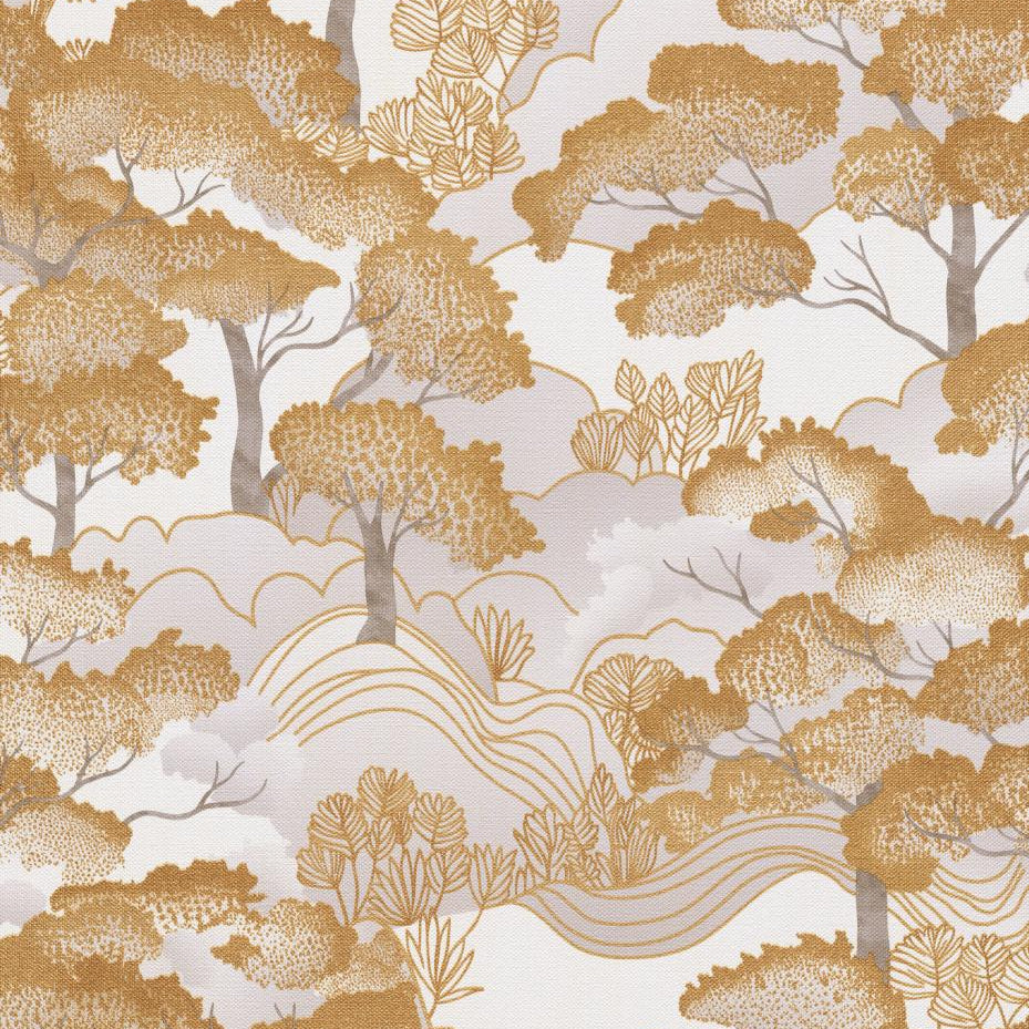 Erismann Elle Decoration 4 scenic wallpaper with layered trees in soft gold tones