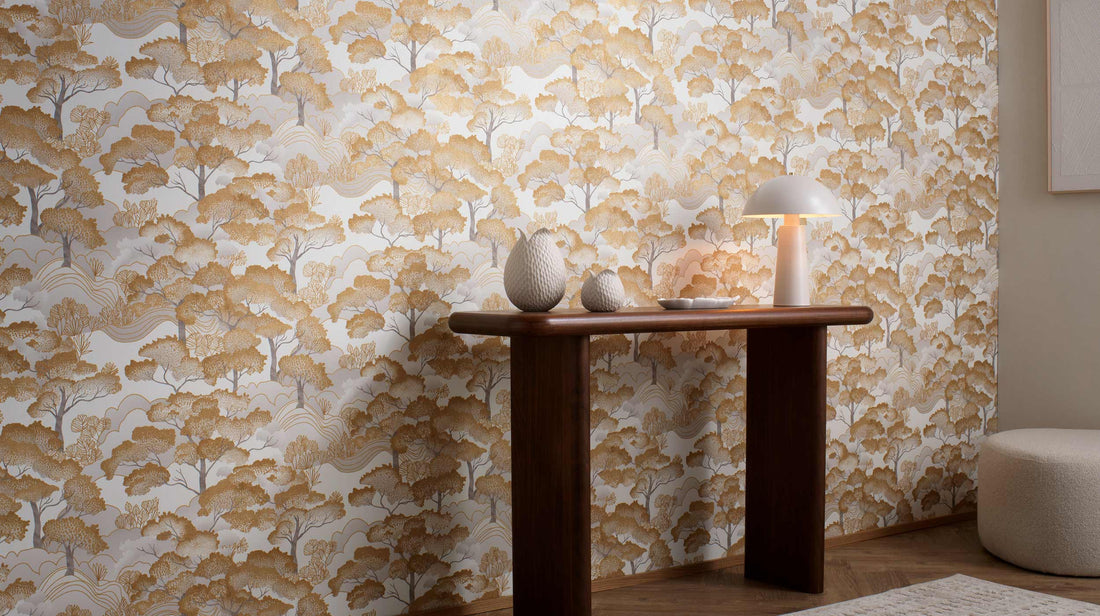 Erismann Elle Decoration 4 scenic wallpaper with layered trees in soft gold tones