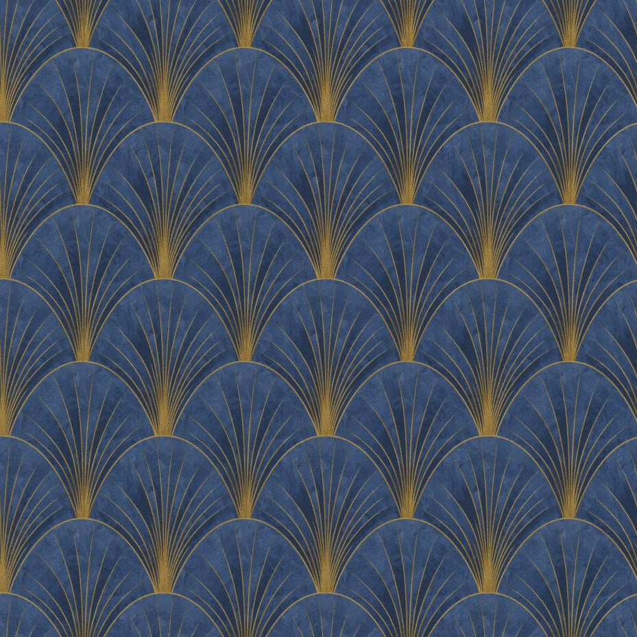Erismann Elle Decoration Art Deco fan wallpaper in deep navy and gold tones