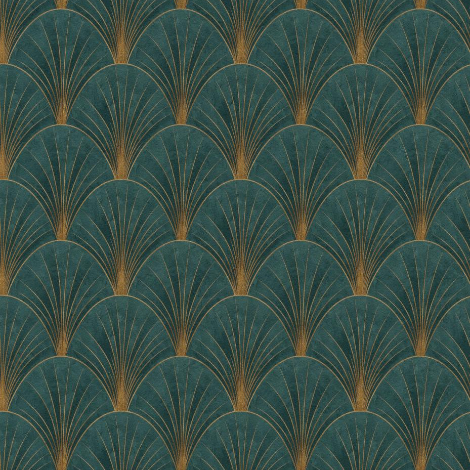 Erismann Elle Decoration Art Deco fan wallpaper in deep green and gold tones