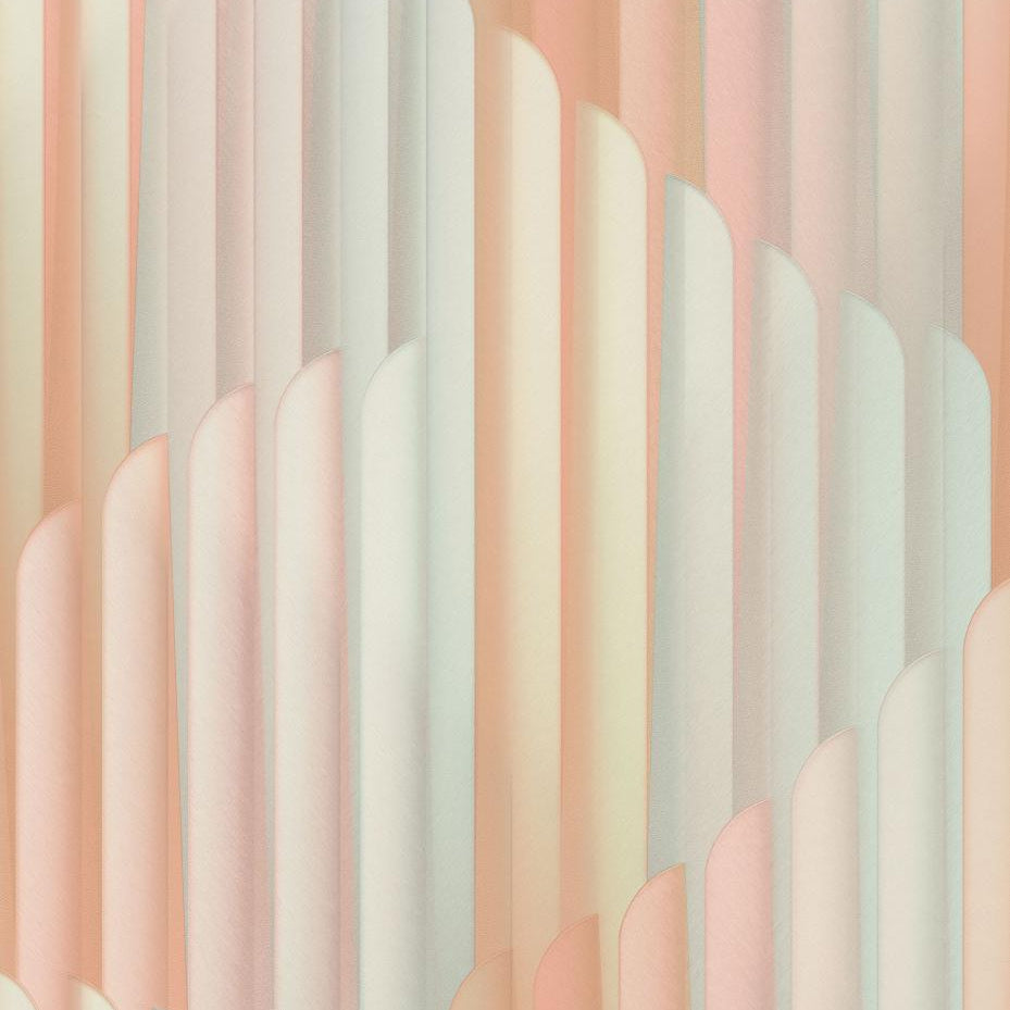 Erismann Elysium abstract geometric wallpaper featuring layered vertical arches in soft blush pink, muted sage green and warm beige tones, creating a modern Art Deco inspired design with a gentle pastel aesthetic.