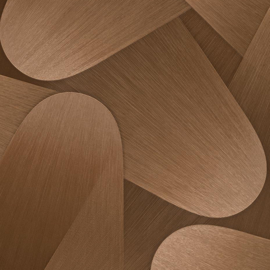 Erismann Elysium abstract geometric wallpaper with layered curved shapes in deep brown and warm bronze tones, featuring a textured finish for bold contemporary interiors.