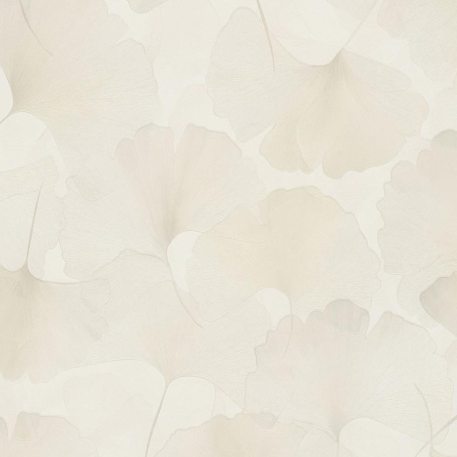 Erismann Elysium botanical wallpaper featuring subtle ginkgo leaf silhouettes in soft beige and white tones, creating a light, minimal and elegant backdrop.