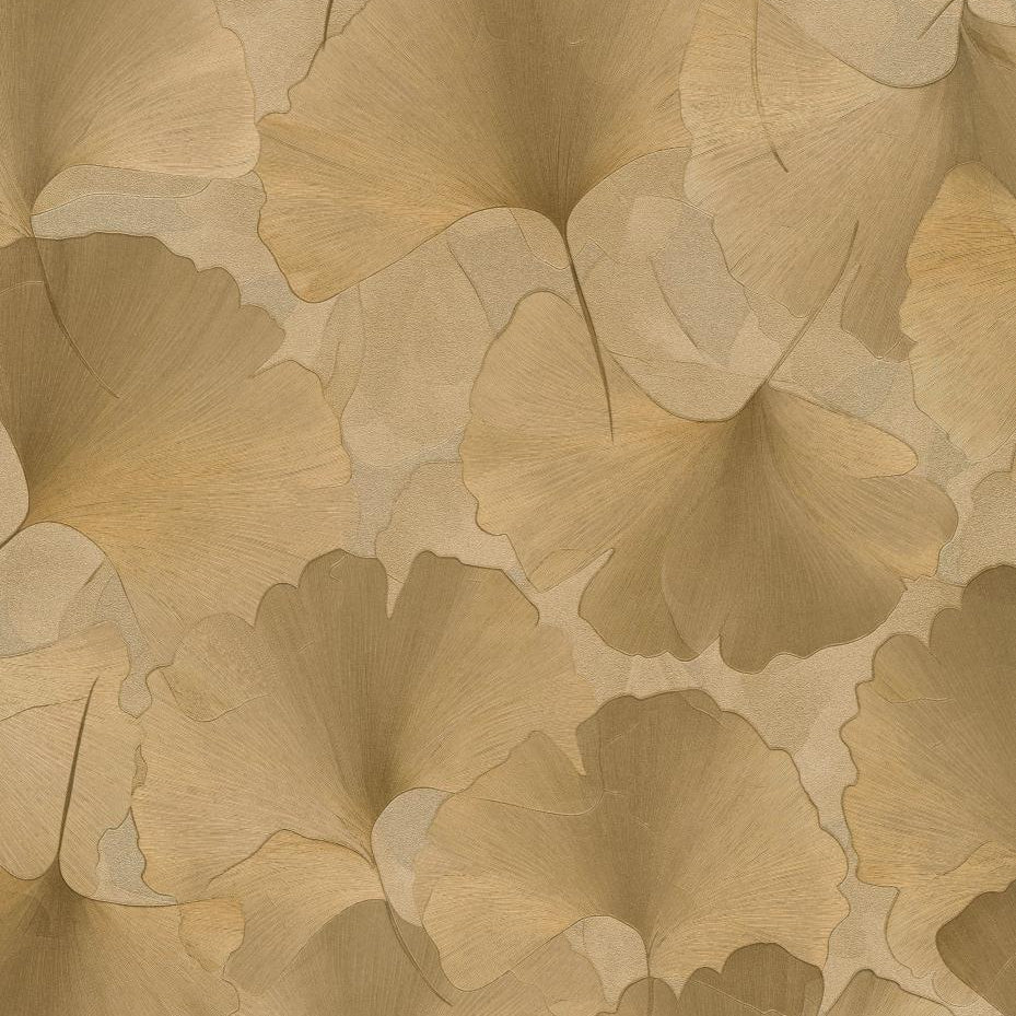 Erismann Elysium botanical wallpaper featuring layered ginkgo leaves in rich gold and warm beige tones, creating a luxurious and elegant natural pattern with soft depth and texture.