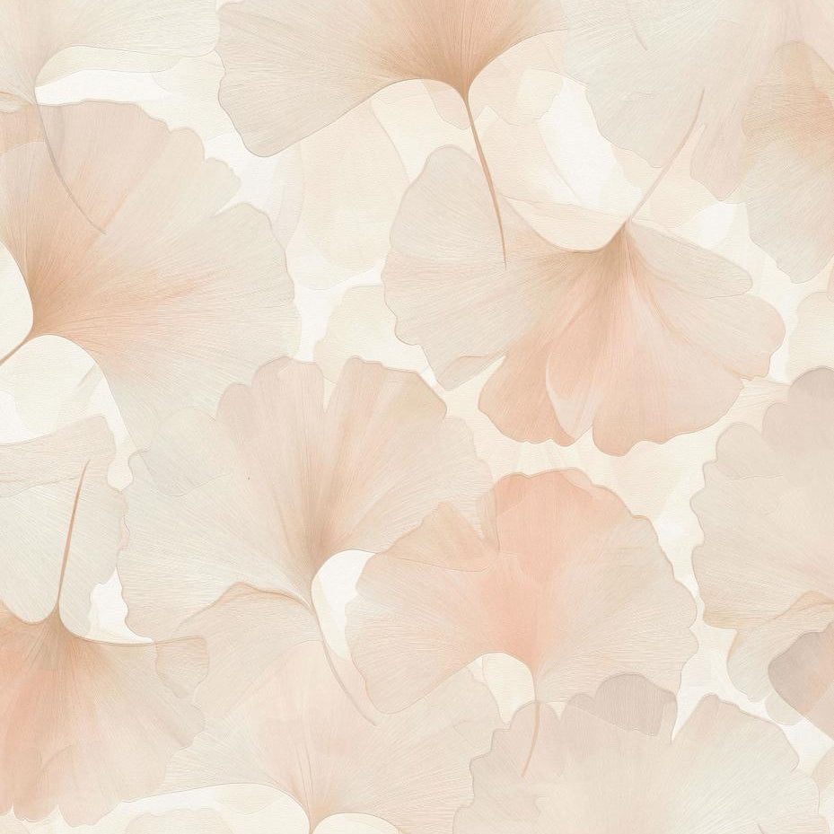 Erismann Elysium botanical wallpaper featuring delicate ginkgo leaves in soft pink and beige tones on a light background, creating a calm and elegant nature-inspired design.