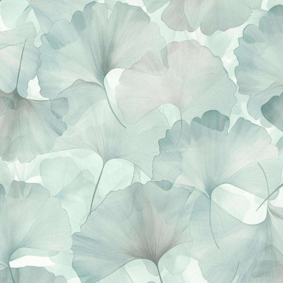 Erismann Elysium botanical wallpaper featuring delicate ginkgo leaves in soft sage green tones layered over a light neutral background, creating a fresh, airy and calming natural aesthetic.