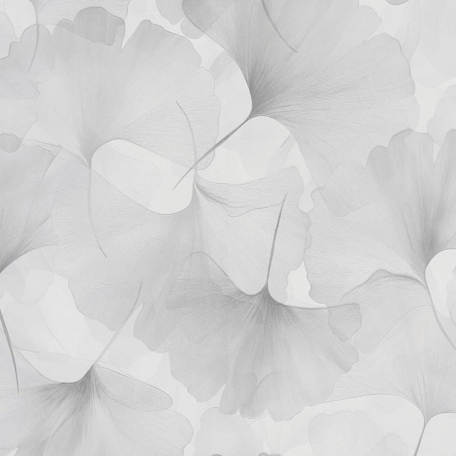 Erismann Elysium botanical wallpaper featuring delicate ginkgo leaves in soft white and light gray tones, creating a subtle, elegant and airy pattern with a refined minimalist feel.