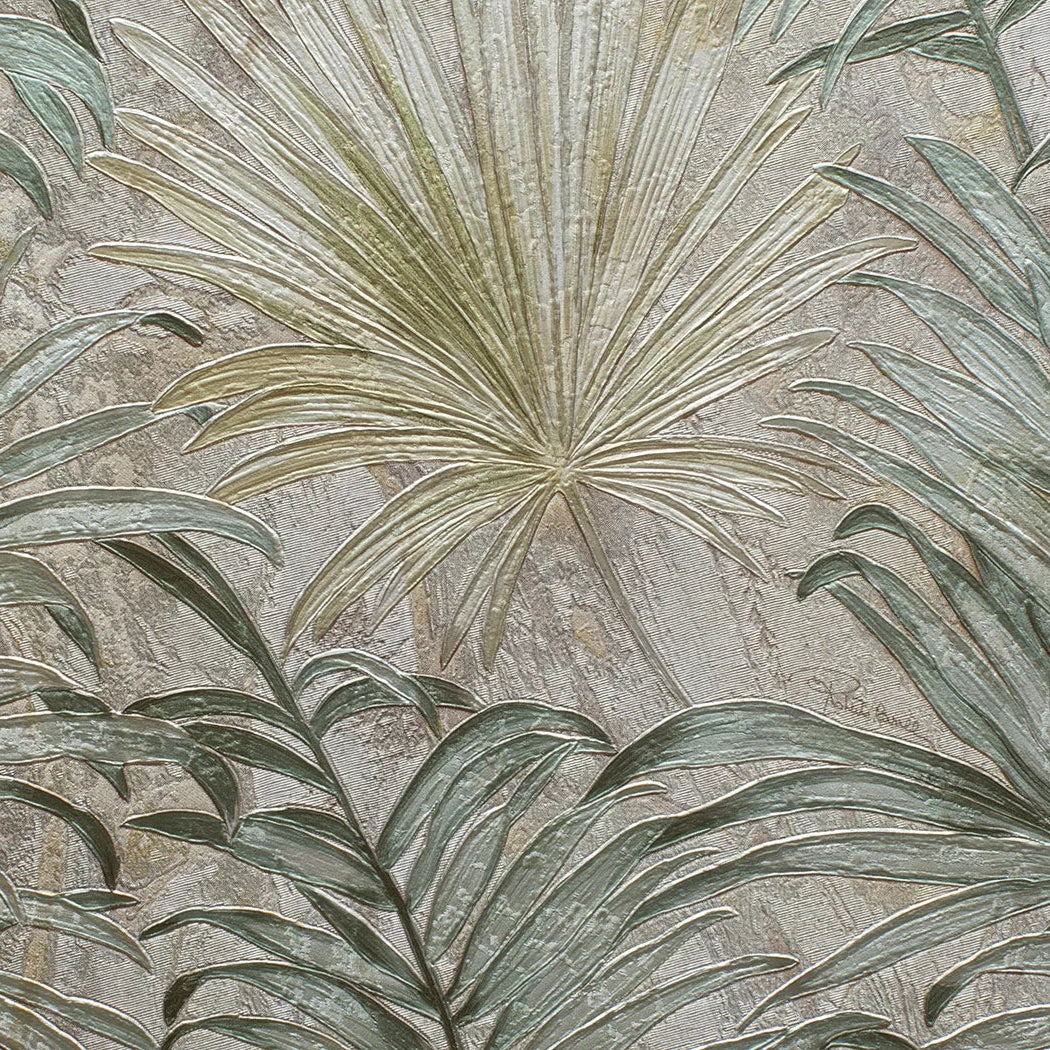 Close-up of tropical leaf pattern on a textured surface