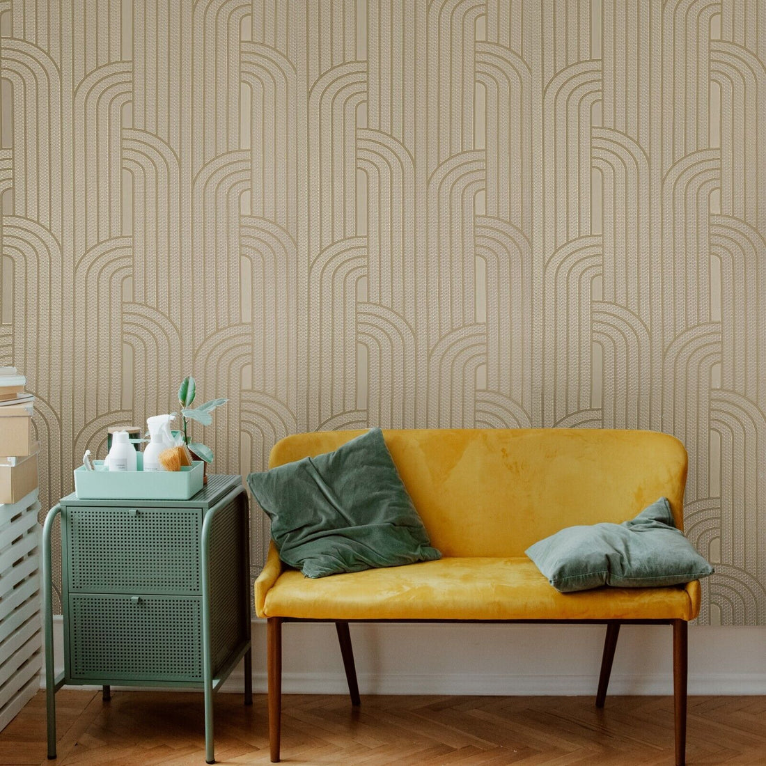 Textured beige patterned wallpaper with wavy lines on a white background