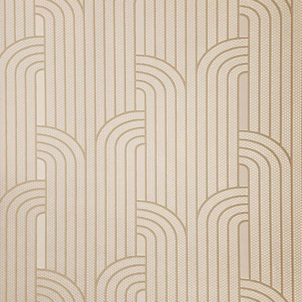 Textured beige patterned wallpaper with wavy lines on a white background
